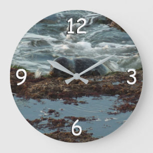 Reloj Redondo Grande Foca de puerto iluminada por la puesta de sol I en