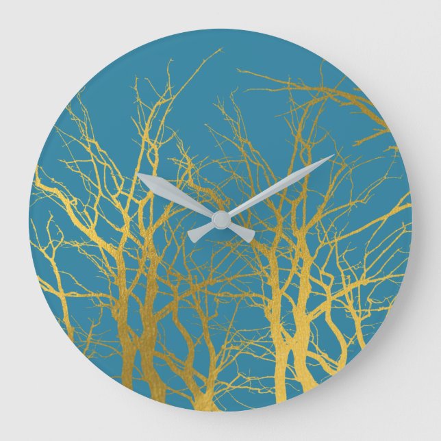 Reloj Redondo Grande Fondo azul del patrón de ramas de árbol de oro (Anverso)