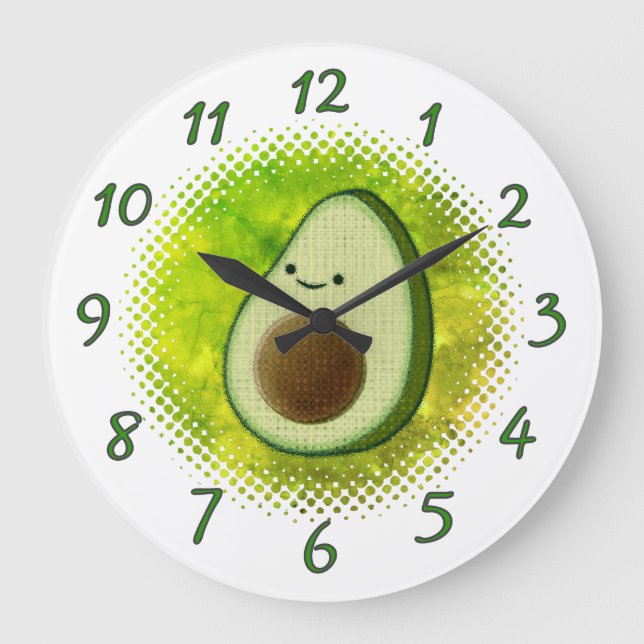 Reloj Redondo Grande Fondo de acuarela de dibujo de aguacate (Anverso)