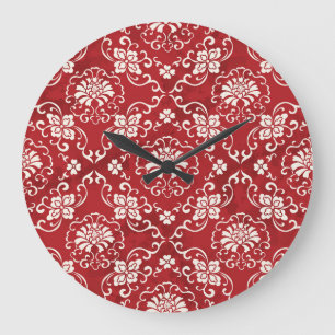 Reloj Redondo Grande Fondo de flores de espiral roja china.