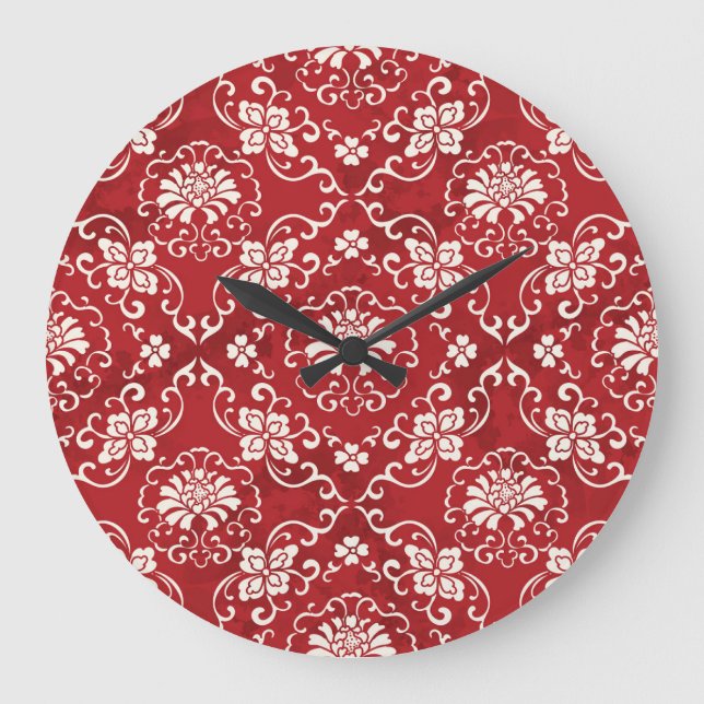 Reloj Redondo Grande Fondo de flores de espiral roja china. (Anverso)
