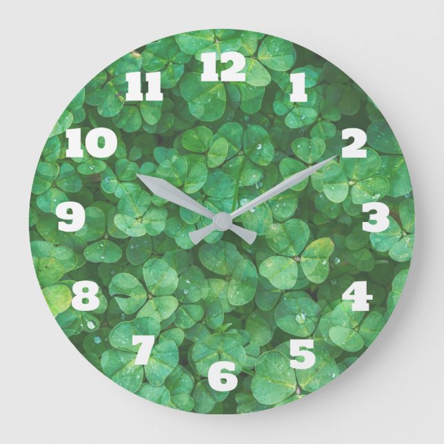 Reloj Redondo Grande Fondo de las hojas del trébol verde (Anverso)