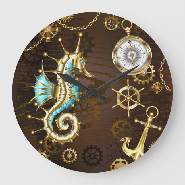 Reloj Redondo Grande Fondo de madera con caballito de mar mecánico (Anverso)