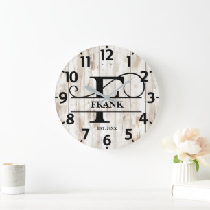 Reloj Redondo Grande Fondo de madera rústica Monograma F
