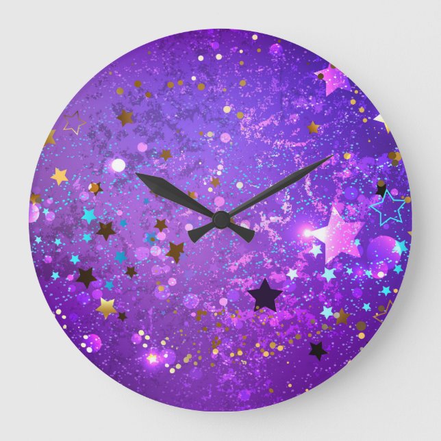 Reloj Redondo Grande Fondo de Relieve metalizado púrpura con estrellas (Anverso)