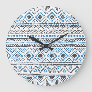 Reloj Redondo Grande Fondo étnico azul, blanco sin costura.