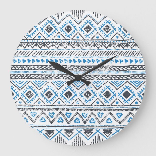 Reloj Redondo Grande Fondo étnico azul, blanco sin costura. (Anverso)