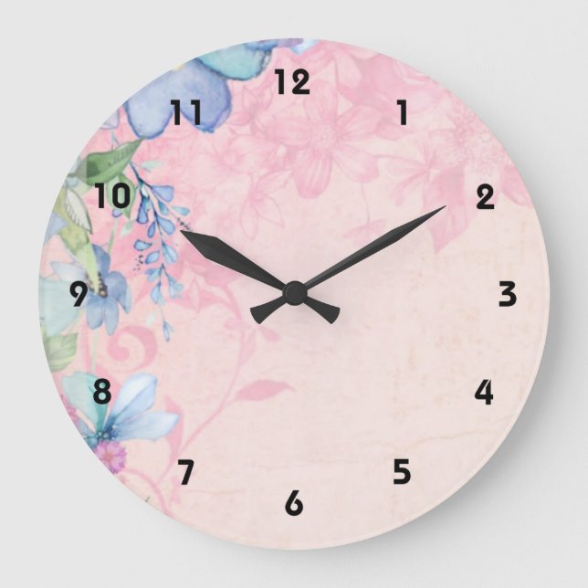 Reloj Redondo Grande Fondo floral rosa y azul bonito (Anverso)
