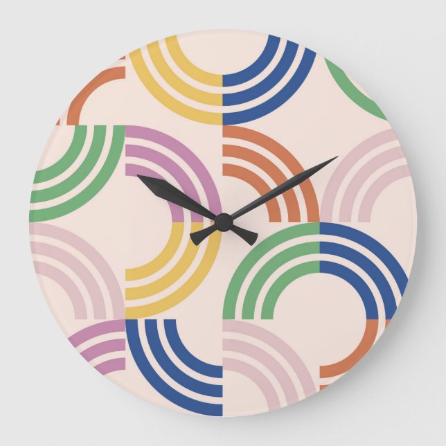 Reloj Redondo Grande Fondo geométrico de curvas retro rayadas (Anverso)