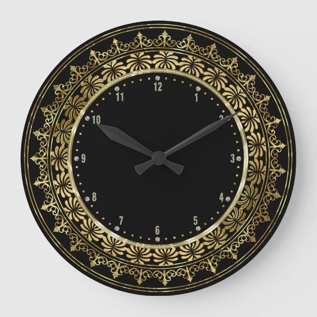Reloj Redondo Grande Fondo negro del marco de encaje del círculo dorado (Anverso)