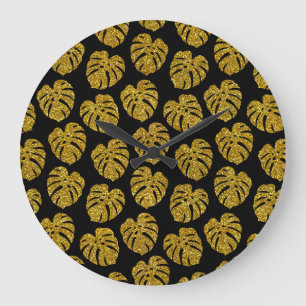 Reloj Redondo Grande Fondo negro del Purpurina de oro Monstera