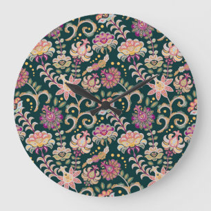 Reloj Redondo Grande Fondo Oscuro Rosa Floral Sin Precedentes