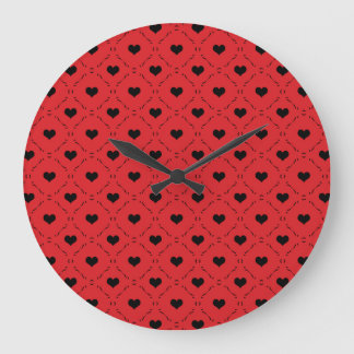 Reloj Redondo Grande Fondo Rojo Intenso con Corazones Negros Pequeños