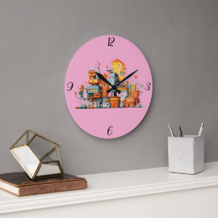 Reloj Redondo Grande Fondo urbano rosado de la ciudad personalizado - c