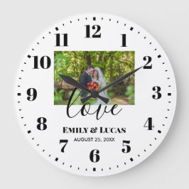 Reloj Redondo Grande Foto de boda personalizada Caligrafía simple elega