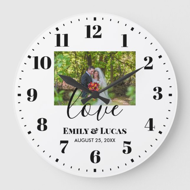 Reloj Redondo Grande Foto de boda personalizada Caligrafía simple elega (Anverso)