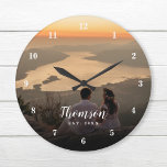 Reloj Redondo Grande Foto de boda personalizada monogramada<br><div class="desc">Crea un reloj especial de pared redondo o cuadrado personalizado con tu foto boda, monograma de nombre y fecha establecida. El diseño presenta tipos de letra modernos y sencillos colocados sobre la foto completa. Utilice las herramientas de diseño para elegir cualquier tipo de letra y color que coincida con el...</div>