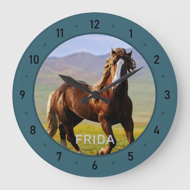 Reloj Redondo Grande Foto de caballo personalizada y nombre grande relo (Anverso)