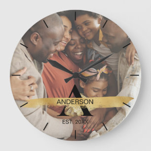 Reloj Redondo Grande Foto de familia personalizada con monograma de oro