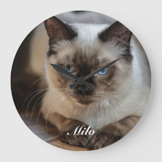 Reloj Redondo Grande Foto de gato Ragdoll personalizada con nombre