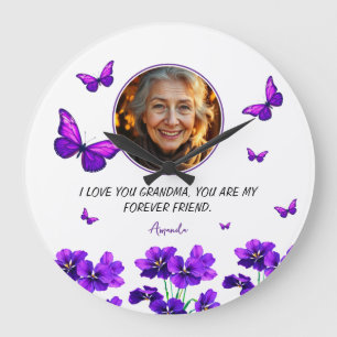 Reloj Redondo Grande Foto de la abuela Floral Morada Mariposa