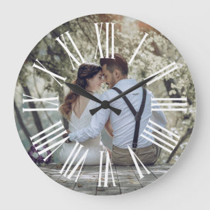 Reloj Redondo Grande Foto de pareja de boda rústica personalizada