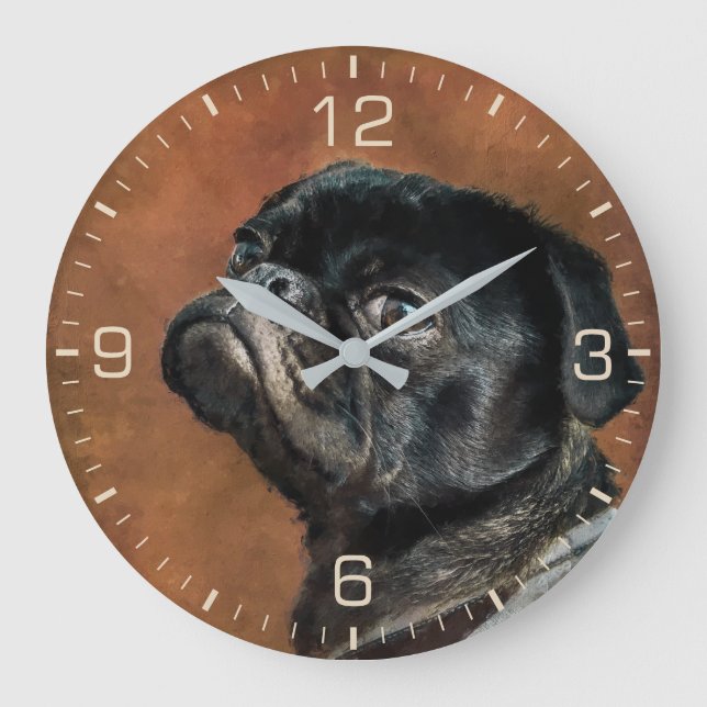 Reloj Redondo Grande Foto de perro negro de pug (Anverso)