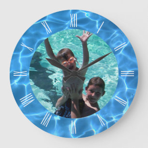 Reloj Redondo Grande Foto de vacaciones de verano en piscina azul acuát