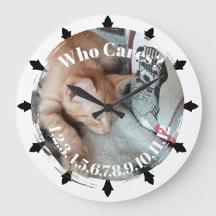 Reloj Redondo Grande Foto. Gato, Texto, reemplazable, Divertido 