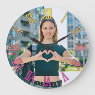 Reloj Redondo Grande Foto Girly Amarillo Magenta Ombre Números Romanos