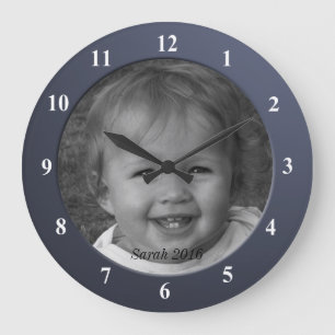 Reloj Redondo Grande Foto personal Personalizado y marco azul de texto