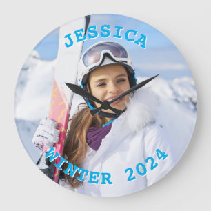 Reloj Redondo Grande Foto personalizada de la familia de texto azul del