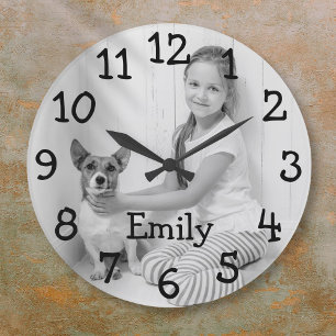 Reloj Redondo Grande Foto personalizada en blanco y negro con nombre