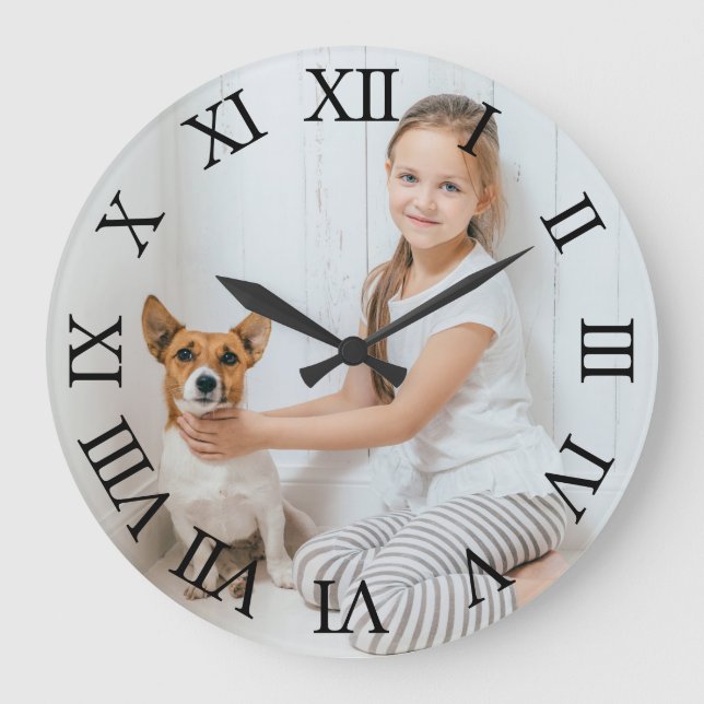 Reloj Redondo Grande Foto personalizada Números romanos negros (Anverso)