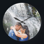 Reloj Redondo Grande foto personalizado nombre personalizado letras bla<br><div class="desc">Foto personalizado nombre personalizado letras blancas y números retro tipo de letra reloj de pared. Un encantador regalo personalizado para una pareja,  para boda,  compromiso,  calentamiento de la casa u otra ocasión.</div>
