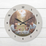 Reloj Redondo Grande Foto personalizado y nombre familiar personalizado<br><div class="desc">Crea un reloj especial de pared redondo o cuadrado personalizado con tu monograma de foto y apellido. El diseño presenta fuentes simples y modernas en blanco y negro, o utilice las herramientas de diseño para elegir cualquier tipo de letra y color que coincida con el estilo de decoración de su...</div>