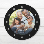 Reloj Redondo Grande Foto Personalizado y nombre familiar personalizado<br><div class="desc">Crea un reloj especial de pared redondo o cuadrado personalizado con tu foto y tu nombre familiar monograma. El diseño presenta fuentes sobrias en blanco y negro, o utilice las herramientas de diseño para elegir las fuentes y colores que se correspondan con el estilo de decoración de su hogar. Un...</div>