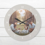 Reloj Redondo Grande Foto personalizado y nombre familiar personalizado<br><div class="desc">Crea un reloj especial de pared redondo o cuadrado personalizado con tu monograma de foto y apellido. El diseño presenta fuentes simples y modernas en blanco y negro, o utilice las herramientas de diseño para elegir cualquier tipo de letra y color que coincida con el estilo de decoración de su...</div>