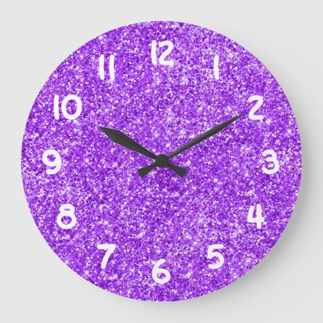 Reloj Redondo Grande Foto Purpurina de Girly Purple Faux (Anverso)