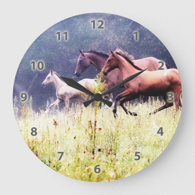 Reloj Redondo Grande Fotografía de caballos de Galloping (Anverso)