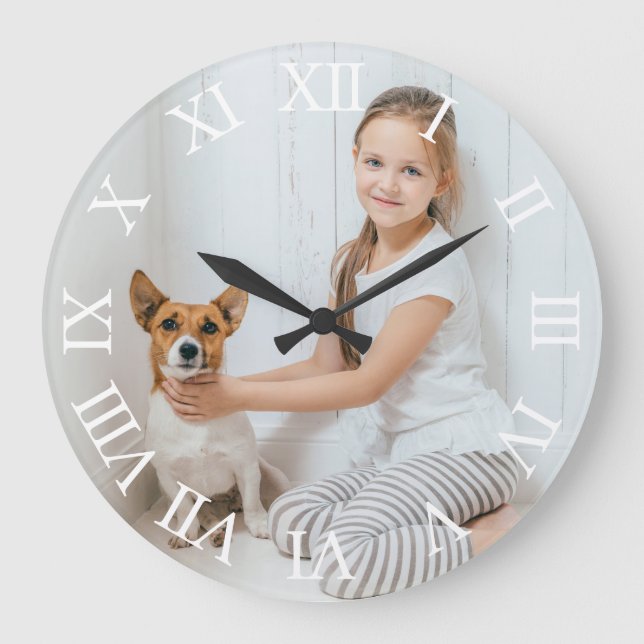 Reloj Redondo Grande Fotografía personalizada Números romanos blancos (Anverso)