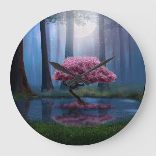 Reloj Redondo Grande Fotomanipulación del bosque de estanques rosados