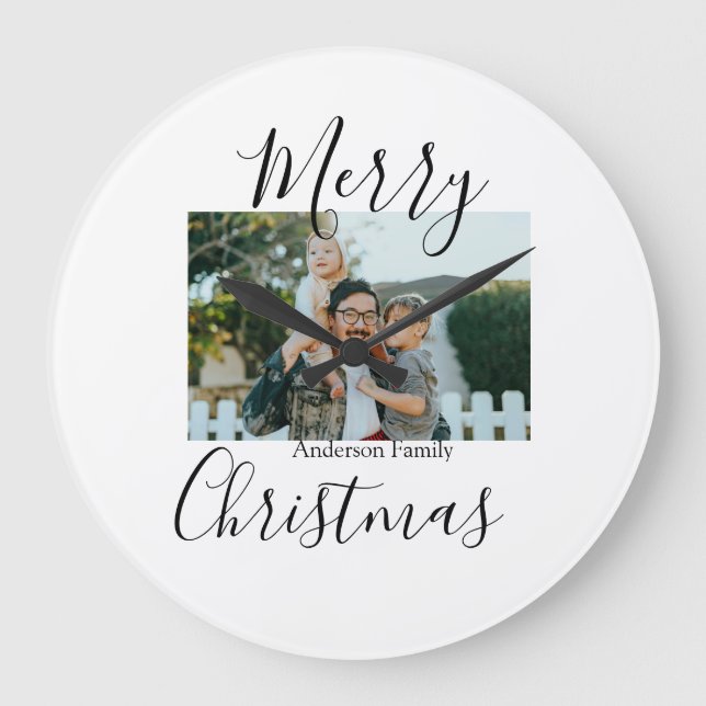 Reloj Redondo Grande Fotos de la familia Feliz Navidad, moderno, elegan (Anverso)