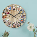 Reloj Redondo Grande Fotos en forma de corazón Efecto Pino Redondo Relo<br><div class="desc">Crea tu propio reloj multifoto. La plantilla de la foto se configura para que añada 12 fotos que se muestran en un marco con forma de corazón. El diseño utiliza fotos verticales retratadas para todos los números excepto 3 y 9 que están en formato horizontal horizontal horizontal. La cara del...</div>