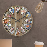 Reloj Redondo Grande Fotos en forma de corazón Madera marrón moderna<br><div class="desc">Crea tu propio reloj multifoto. La plantilla de la foto se configura para que añada 12 fotos que se muestran en un marco con forma de corazón. El diseño utiliza fotos verticales retratadas para todos los números excepto 3 y 9 que están en formato horizontal horizontal horizontal. La cara del...</div>