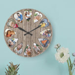 Reloj Redondo Grande Fotos en forma de corazón Madera marrón rústica re<br><div class="desc">Crea tu propio reloj multifoto. La plantilla de la foto se configura para que añada 12 fotos que se muestran en un marco con forma de corazón. El diseño utiliza fotos verticales retratadas para todos los números excepto 3 y 9 que están en formato horizontal horizontal horizontal. La cara del...</div>