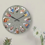 Reloj Redondo Grande Fotos en forma de corazón Ronda verde<br><div class="desc">Crea tu propio reloj multifoto. La plantilla de la foto se configura para que añada 12 fotos que se muestran en un marco con forma de corazón. El diseño utiliza fotos verticales retratadas para todos los números excepto 3 y 9 que están en formato horizontal horizontal horizontal. La paleta de...</div>