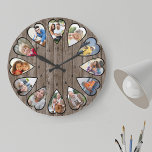 Reloj Redondo Grande Fotos en forma de corazón Rústico Madera oscura re<br><div class="desc">Crea tu propio reloj multifoto. La plantilla de la foto se configura para que añada 12 fotos que se muestran en un marco con forma de corazón. El diseño utiliza fotos verticales retratadas para todos los números excepto 3 y 9 que están en formato horizontal horizontal horizontal. La cara del...</div>