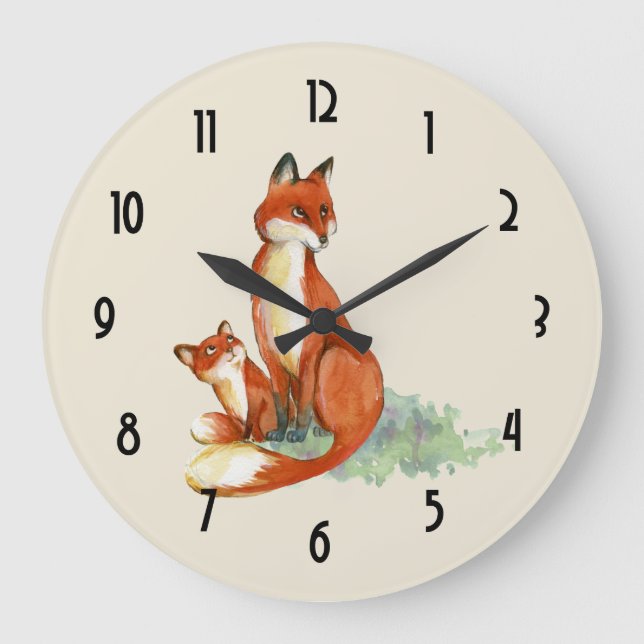 Reloj Redondo Grande Fox de Momma y ilustracion de la acuarela del bebé (Anverso)