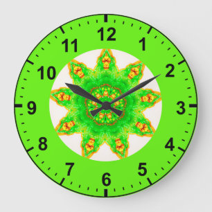Reloj Redondo Grande ~ Fractal de estrella verde fluorescente ~